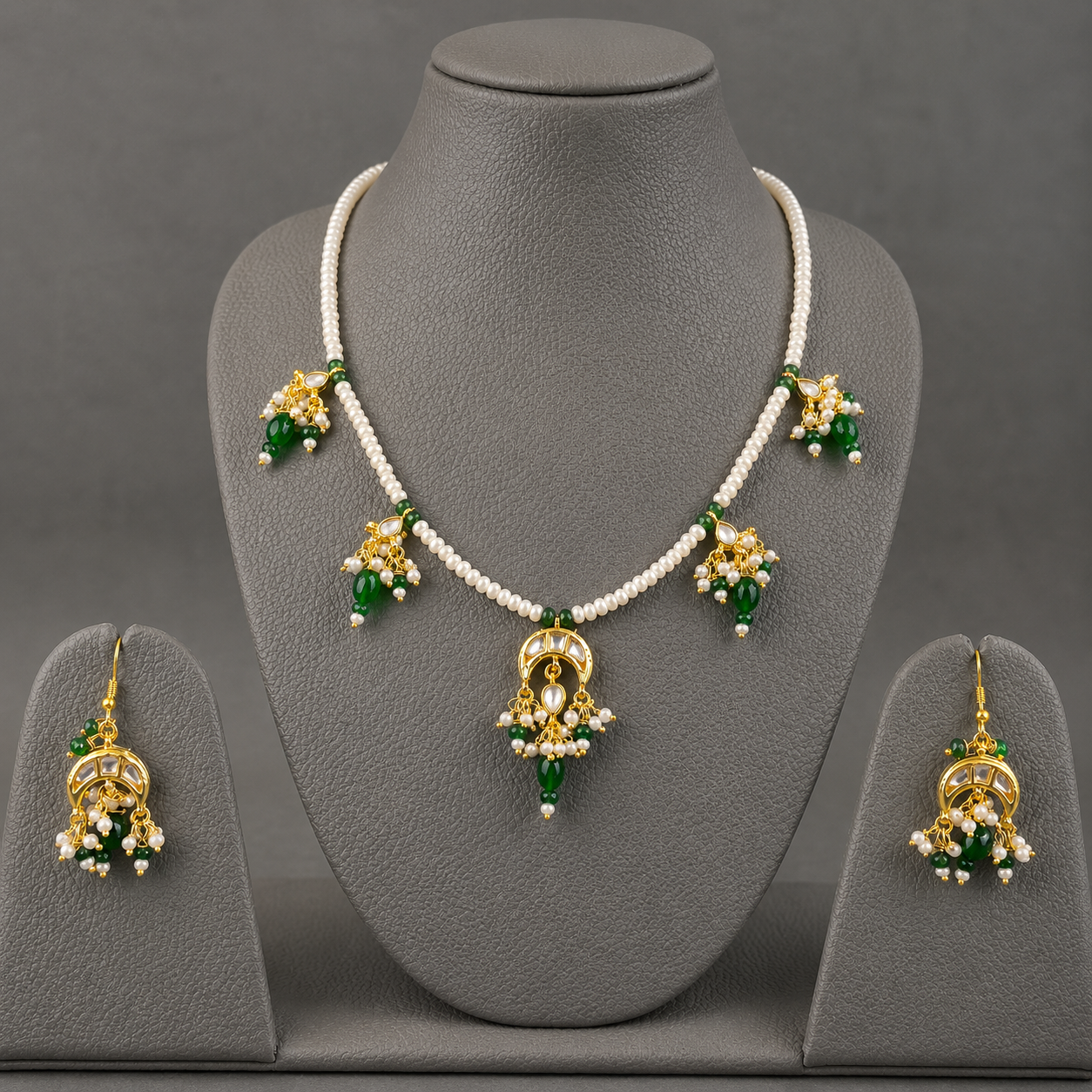 Handcrafted Pearl & Green Gemstone Necklace Set with Earrings | Traditional Kundan-Inspired Gold Plated Bridal Jewelry for Women