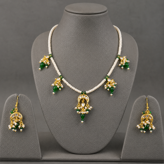Handcrafted Pearl & Green Gemstone Necklace Set with Earrings | Traditional Kundan-Inspired Gold Plated Bridal Jewelry for Women