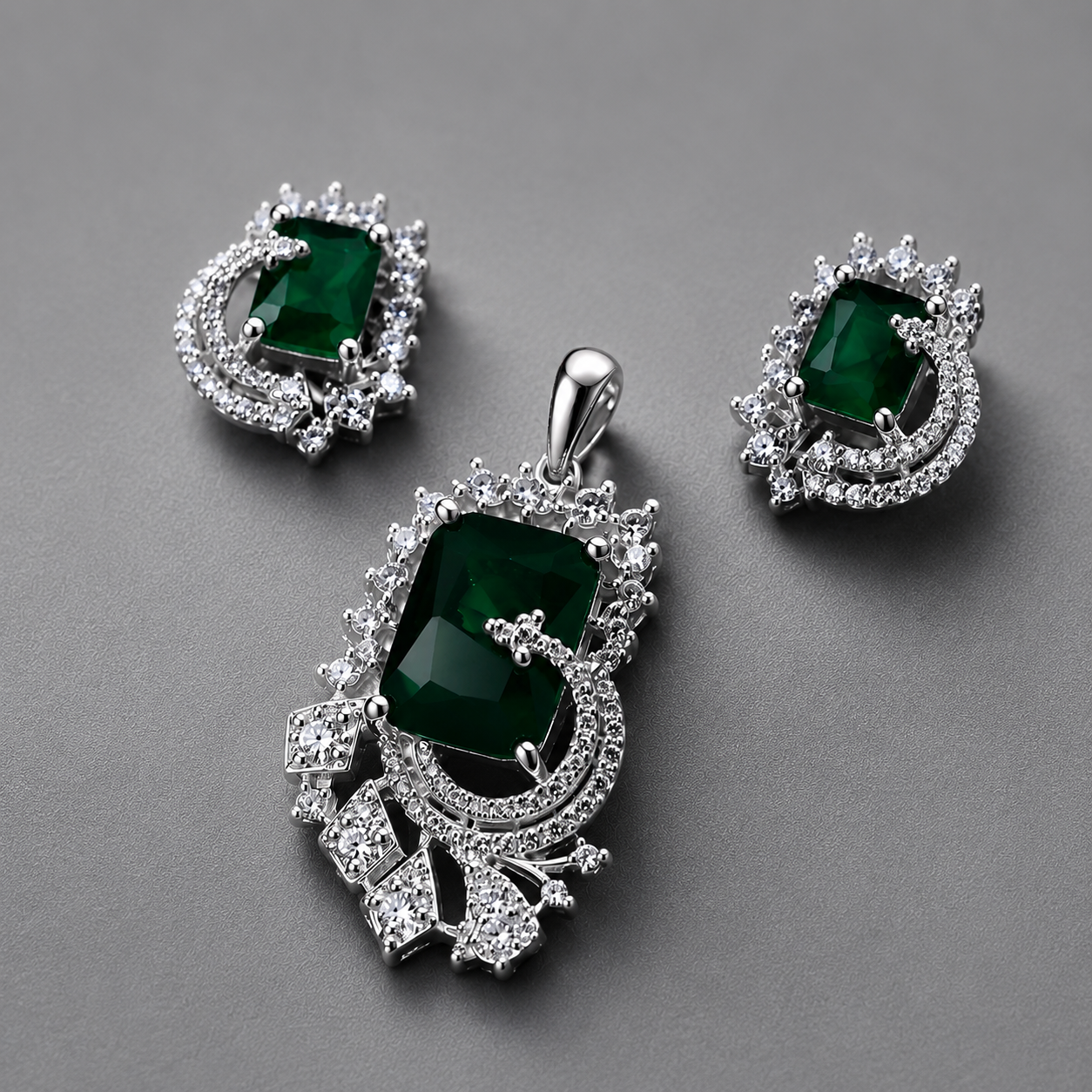 Emerald Green Crystal Pendant Set with American Diamonds | Silver-Toned Designer Necklace & Earrings for Women