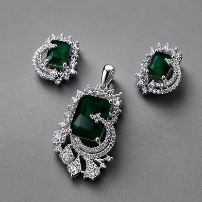 Emerald Green Crystal AD Pendant Set - Silver Toned Designer
