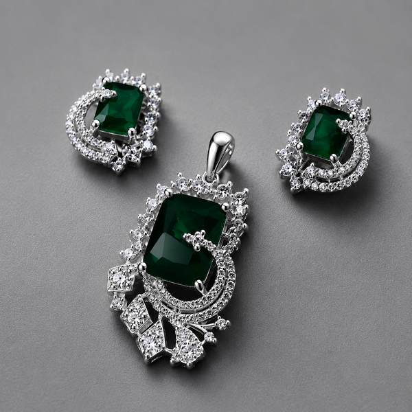 Emerald Green Crystal Pendant Set with American Diamonds | Silver-Toned Designer Necklace & Earrings for Women