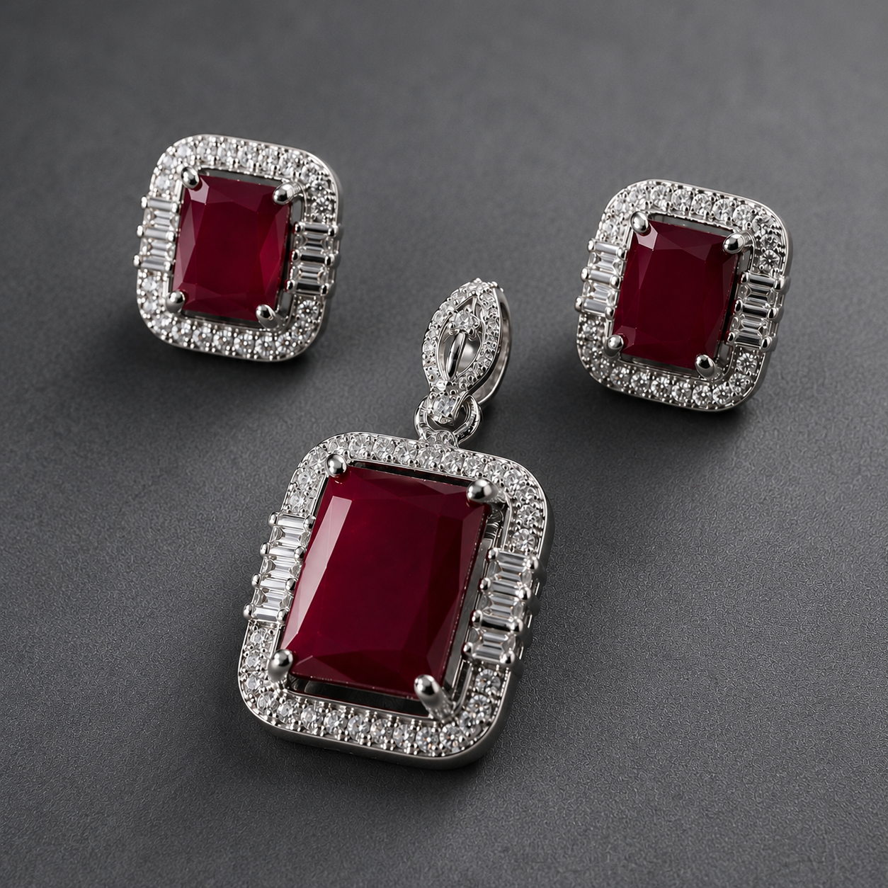 Ruby Red Crystal Pendant Set with American Diamonds | Silver-Toned Designer Necklace & Stud Earrings for Women