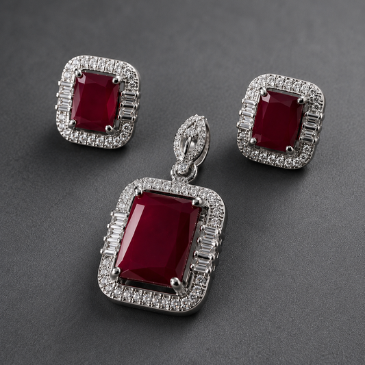 Ruby Red Crystal Pendant Set with American Diamonds | Silver-Toned Designer Necklace & Stud Earrings for Women