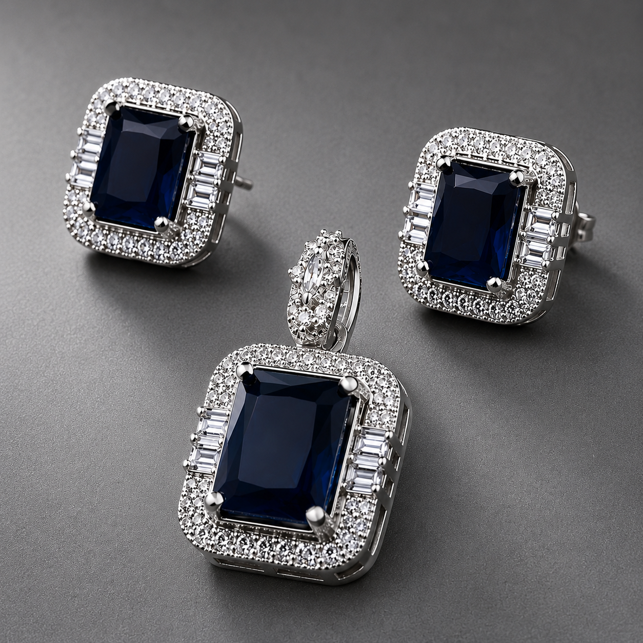 Royal Sapphire Blue Crystal Pendant Set with American Diamonds | Silver-Toned Luxury Necklace & Stud Earrings for Women