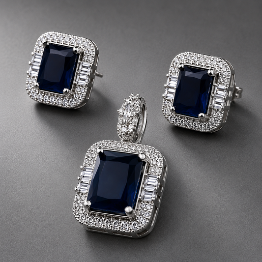 Royal Sapphire Blue Crystal Pendant Set with American Diamonds | Silver-Toned Luxury Necklace & Stud Earrings for Women