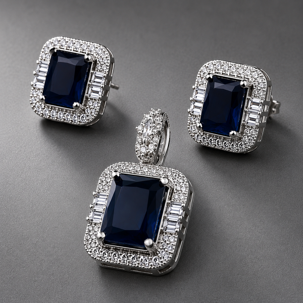 Royal Sapphire Blue Crystal Pendant Set with American Diamonds | Silver-Toned Luxury Necklace & Stud Earrings for Women