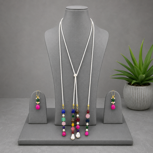 Handcrafted White Beaded Lariat / Long Necklace Set with Multicolor Gemstone Drops & Matching Earrings