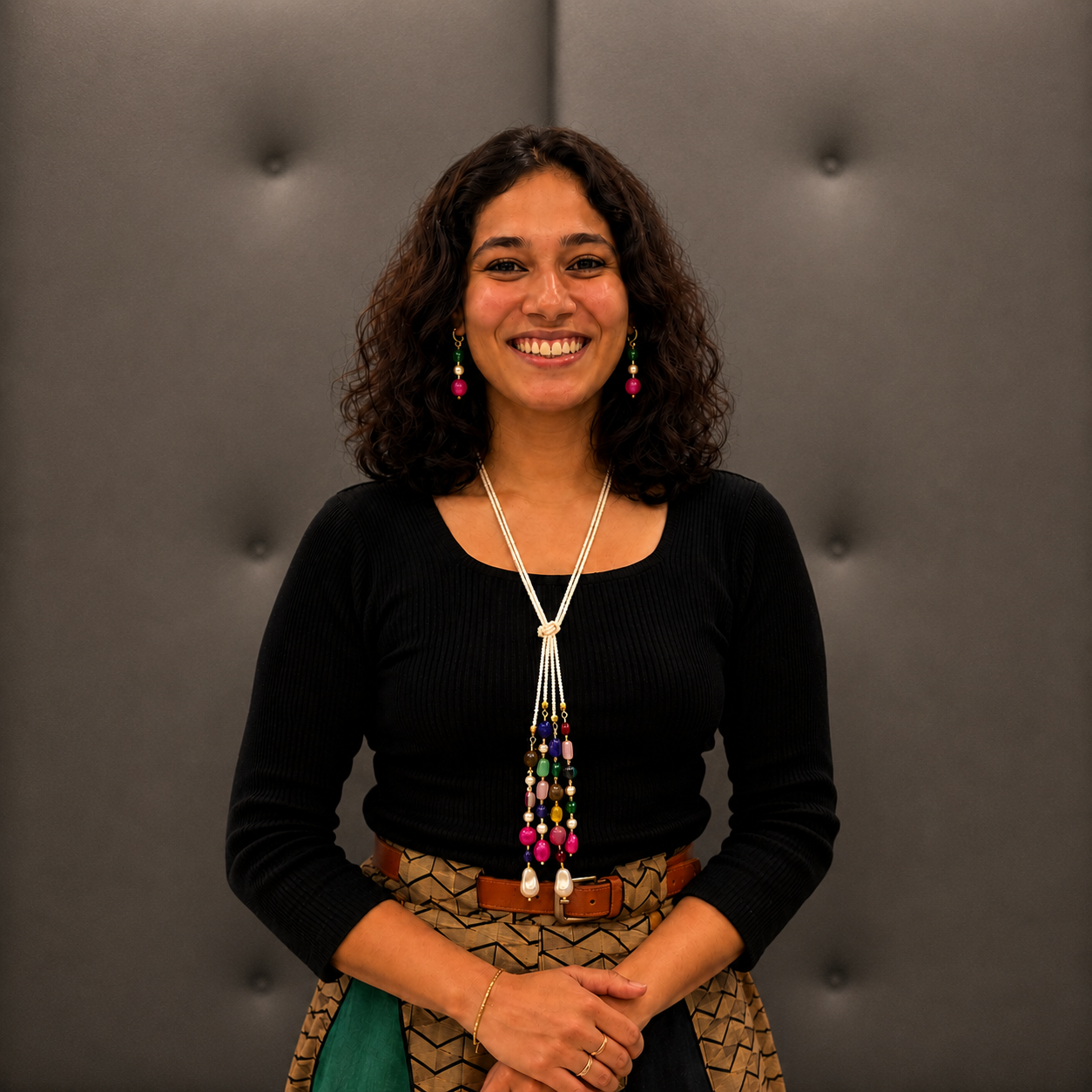 Handcrafted White Beaded Lariat / Long Necklace Set with Multicolor Gemstone Drops & Matching Earrings