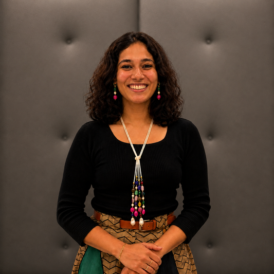 Handcrafted White Beaded Lariat / Long Necklace Set with Multicolor Gemstone Drops & Matching Earrings
