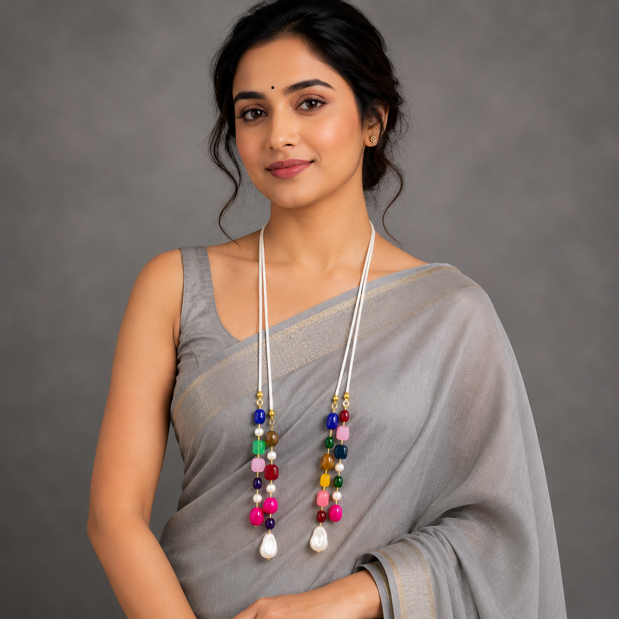 Handcrafted White Beaded Lariat / Long Necklace Set with Multicolor Gemstone Drops & Matching Earrings