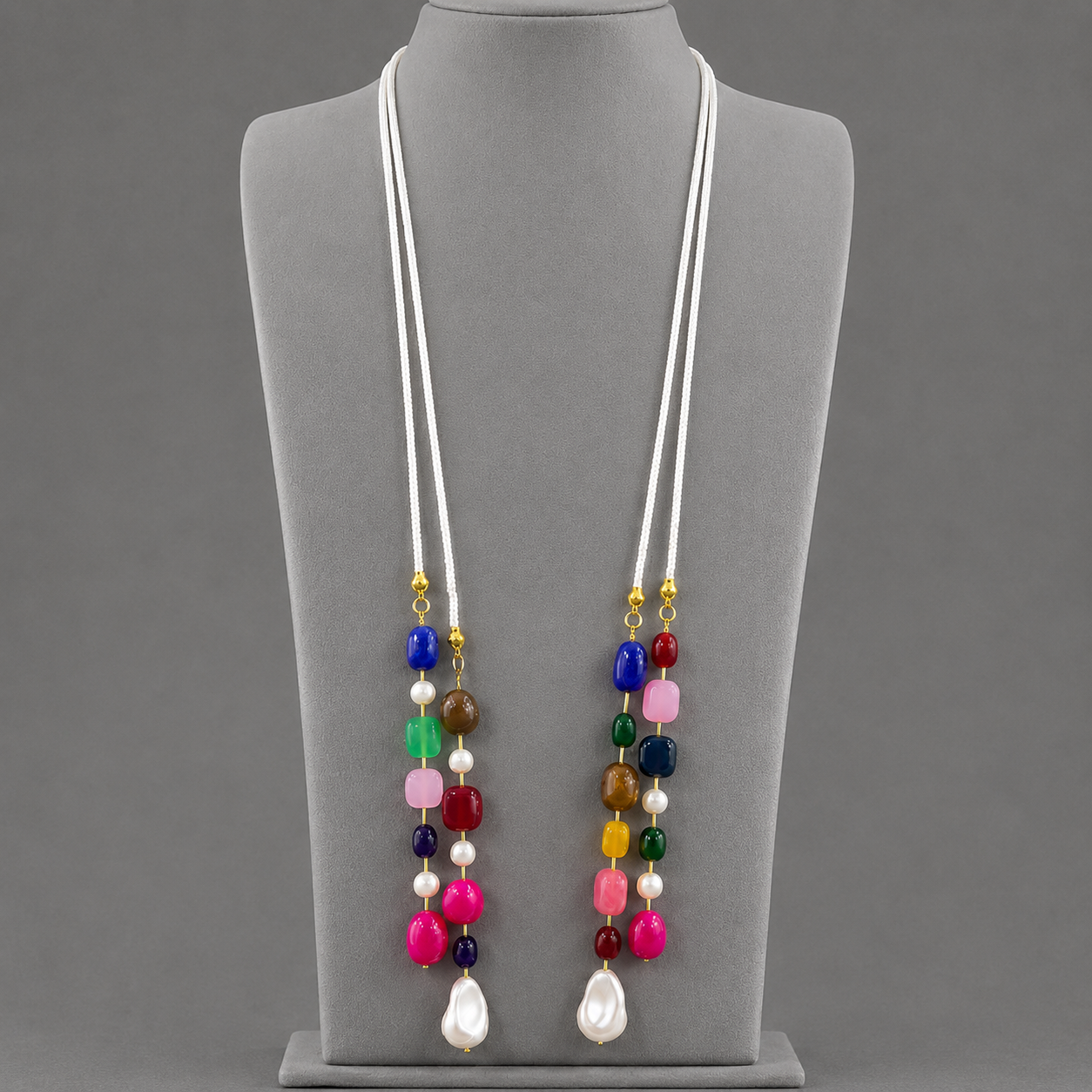 Handcrafted White Beaded Lariat / Long Necklace Set with Multicolor Gemstone Drops & Matching Earrings