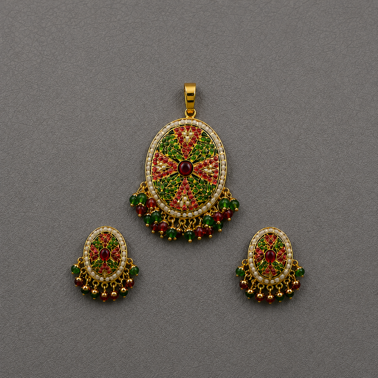 Traditional gold plated Jadau Pendant and Earring Set with Red and Green Enamel