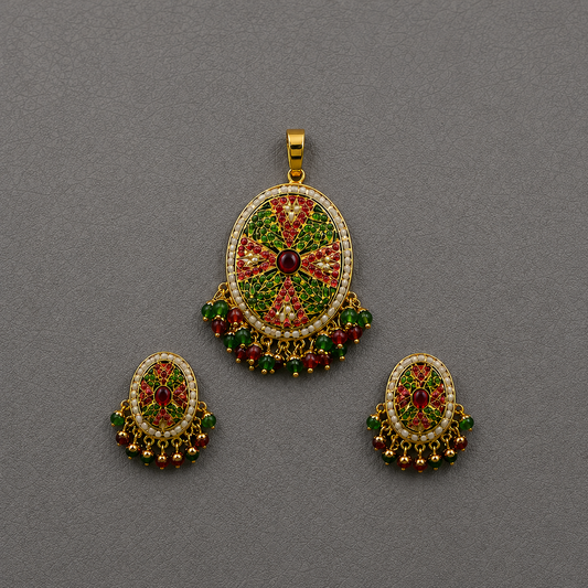 Traditional gold plated Jadau Pendant and Earring Set with Red and Green Enamel