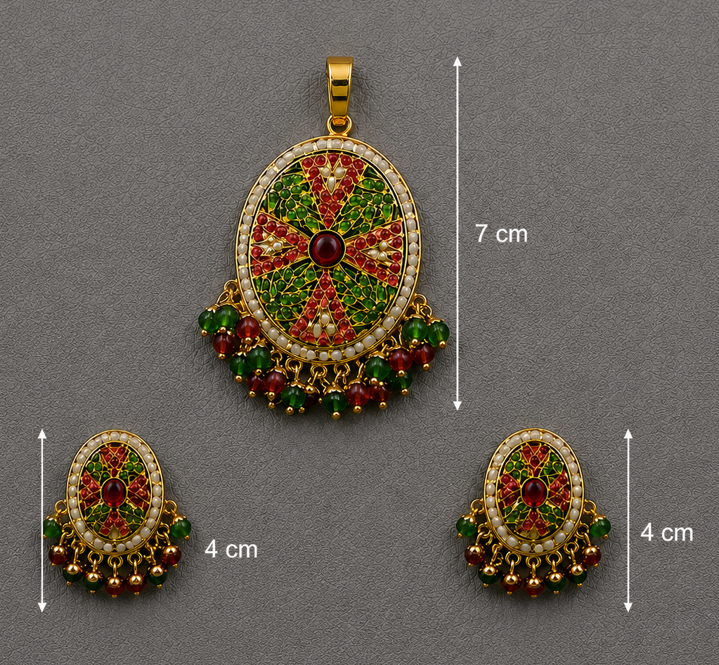 Traditional gold plated Jadau Pendant and Earring Set with Red and Green Enamel