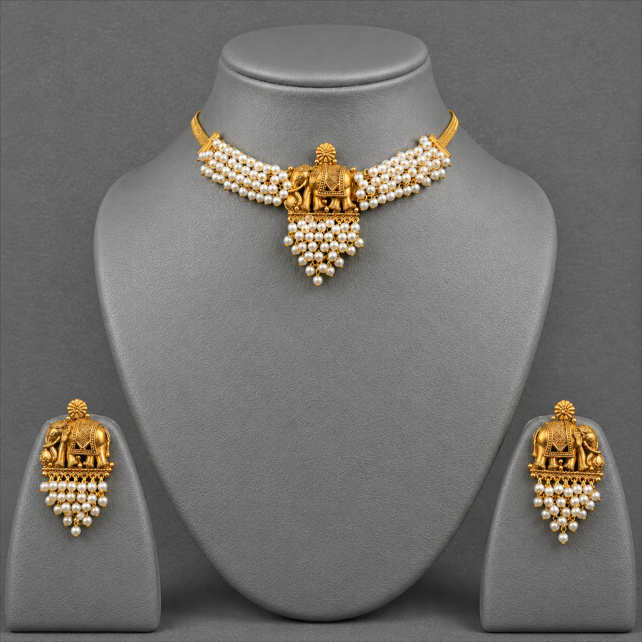 Classic Elephant Pearl Choker Necklace Set Traditional Gold-Plated Temple Jewelry with Earrings