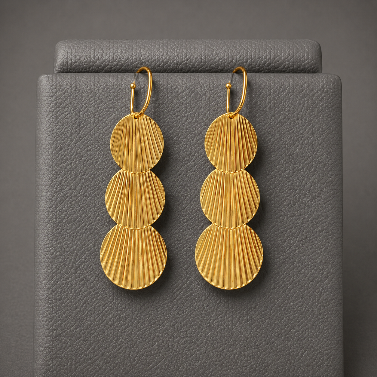 Gold Plated Textured Disc Drop Earrings