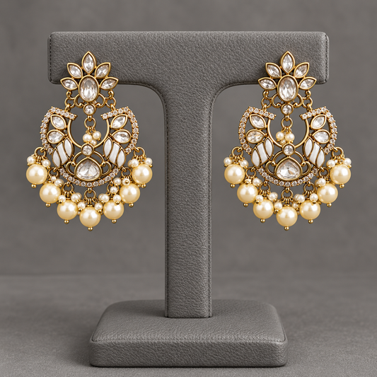 Premium Kundan & Pearl Statement Chandbali Earrings with Pearl Drops