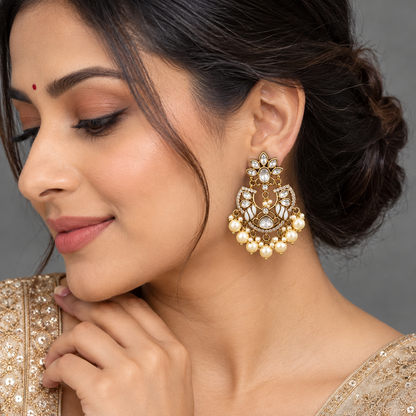 Premium Kundan & Pearl Statement Chandbali Earrings with Pearl Drops