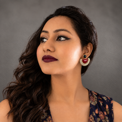 Festive Red & Black Stone Handcrafted Brass Stud Earrings with Pearl Edge