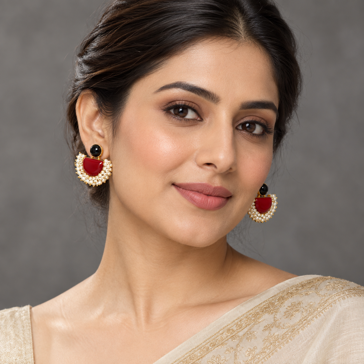 Festive Red & Black Stone Handcrafted Brass Stud Earrings with Pearl Edge