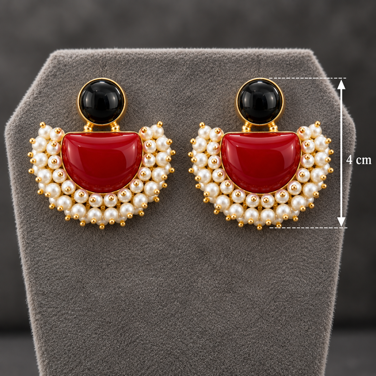 Festive Red & Black Stone Handcrafted Brass Stud Earrings with Pearl Edge