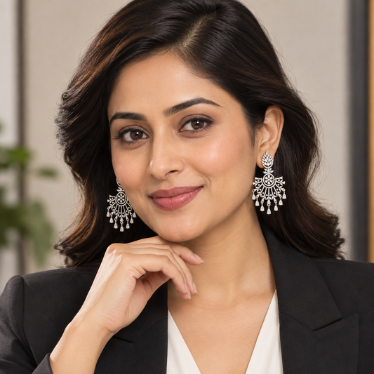 Premium American Diamond CZ Silver-Toned Statement Chandbali Earrings