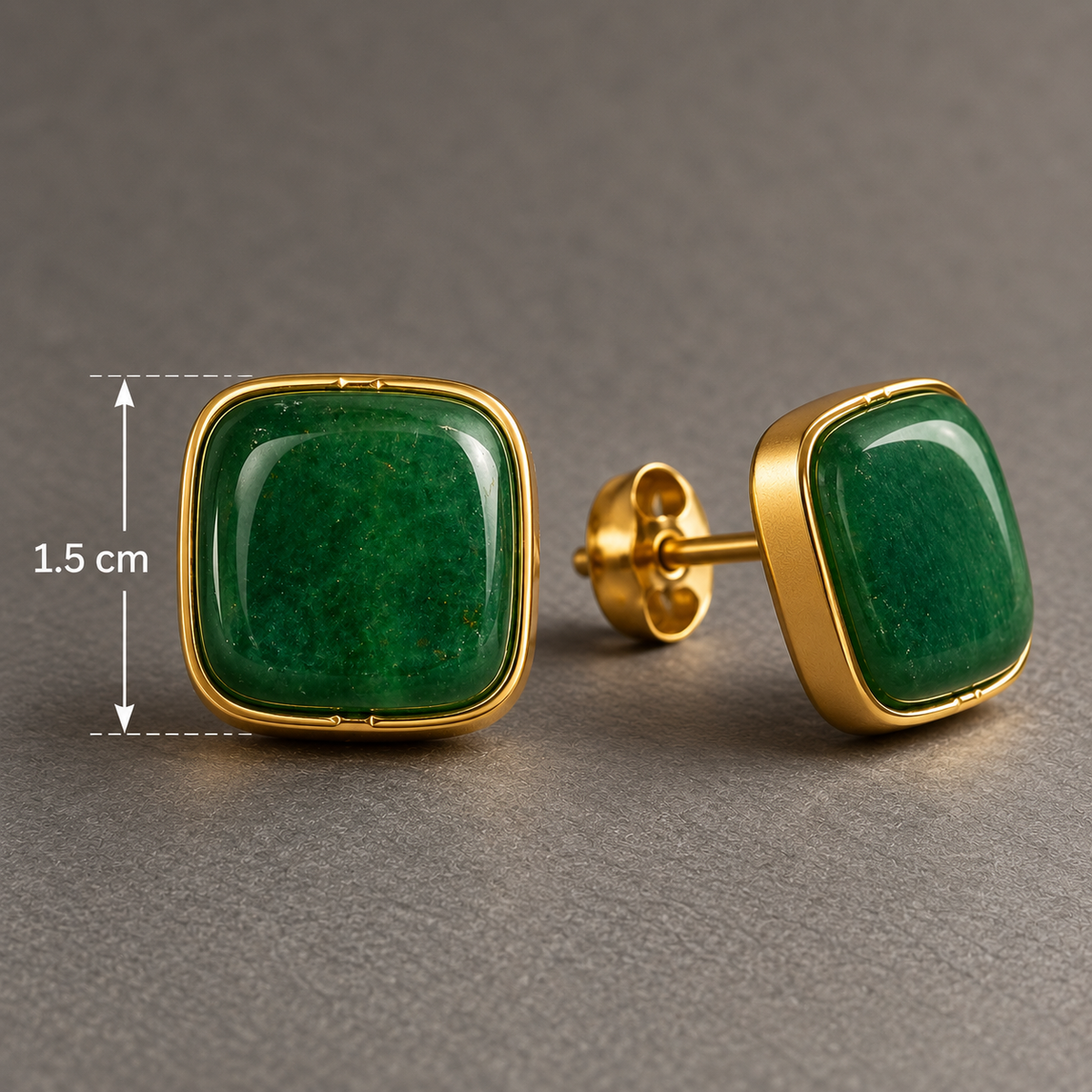 Premium Green Gemstone Stud Earrings for Women | Square Gold-Tone Cushion Studs – 1.5 cm