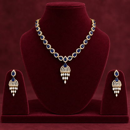 Festive Blue Sapphire & American Diamond CZ Brass Necklace Set