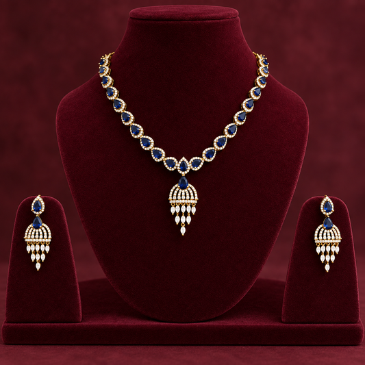 Festive Blue Sapphire & American Diamond CZ Brass Necklace Set