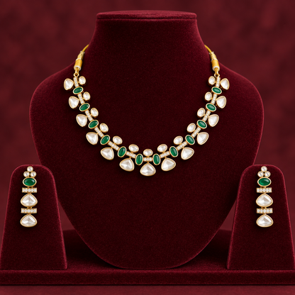 Royal Kundan & Emerald Gold-Toned Festive Brass Necklace - earrings Set