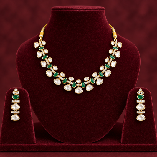 Royal Kundan & Emerald Gold-Toned Festive Brass Necklace - earrings Set