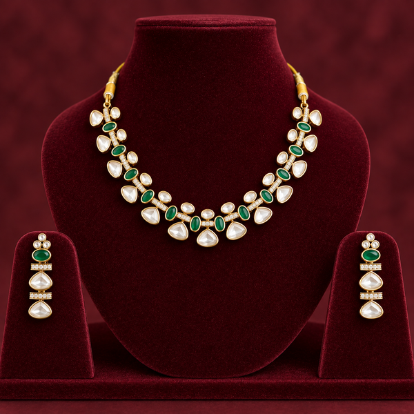 Royal Kundan & Emerald Gold-Toned Festive Brass Necklace - earrings Set