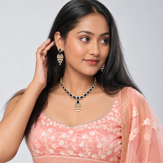Festive Blue Sapphire & American Diamond CZ Brass Necklace Set