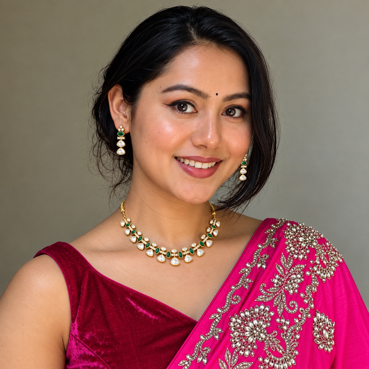 Royal Kundan & Emerald Gold-Toned Festive Brass Necklace - earrings Set