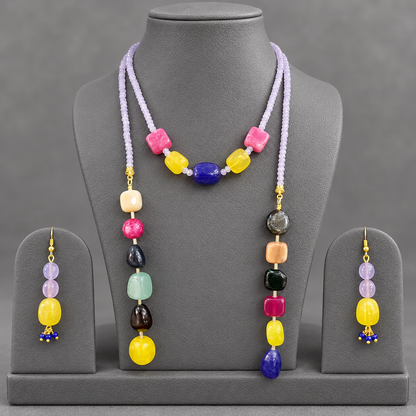 Handmade Lavender & Gemstone Long Statement Necklace Set