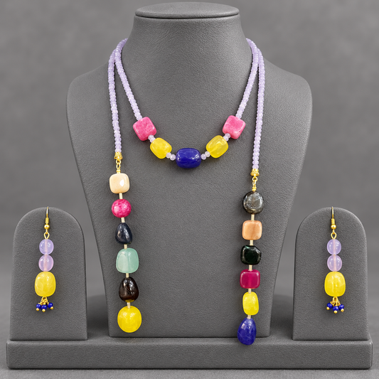 Handmade Lavender & Gemstone Long Statement Necklace Set
