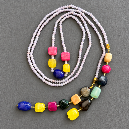 Handmade Lavender & Gemstone Long Statement Necklace Set