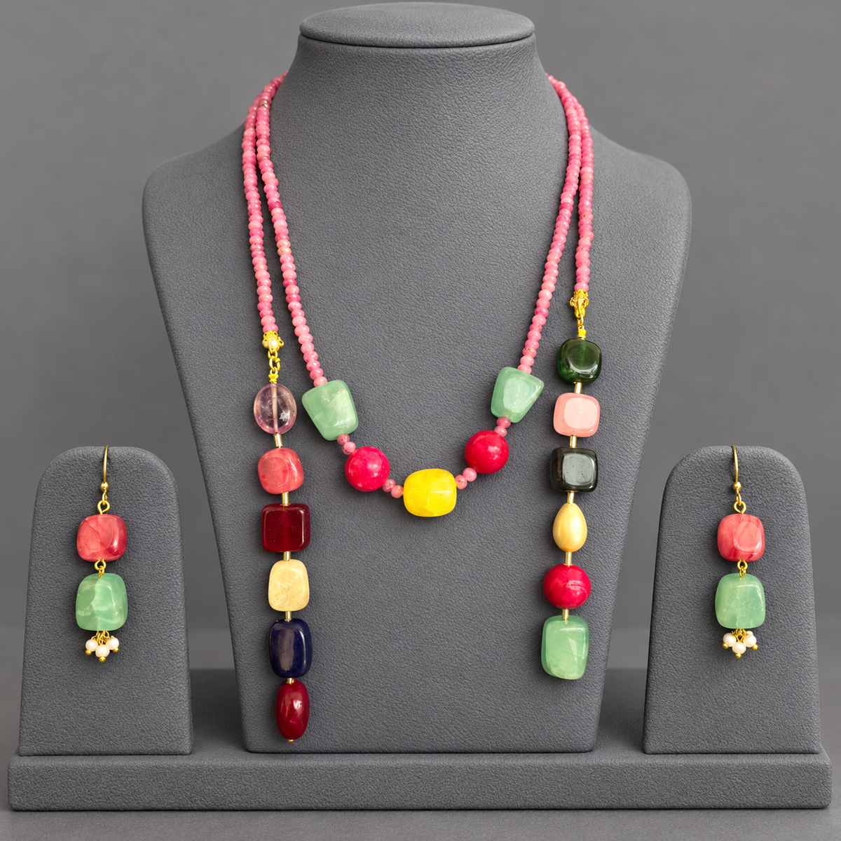 Multicolor Lariat Necklace & Earrings Set | Statement Stone Jewellery Set