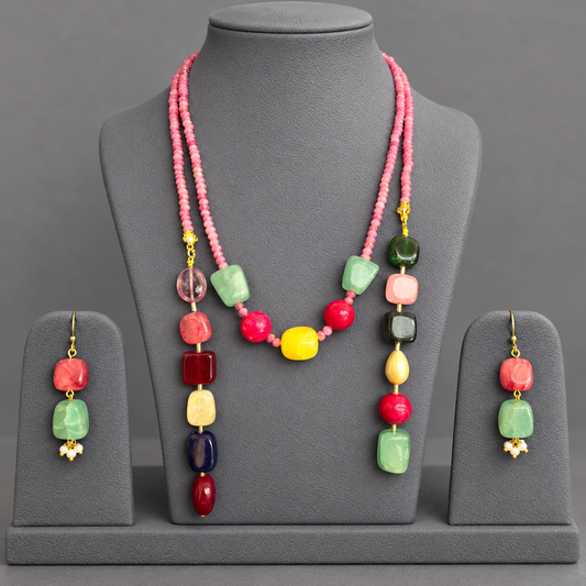 Multicolor Lariat Necklace & Earrings Set | Statement Stone Jewellery Set
