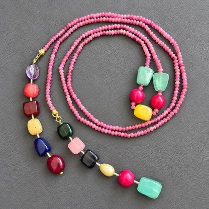 Multicolor Lariat Necklace & Earrings Set | Statement Stone Jewellery Set