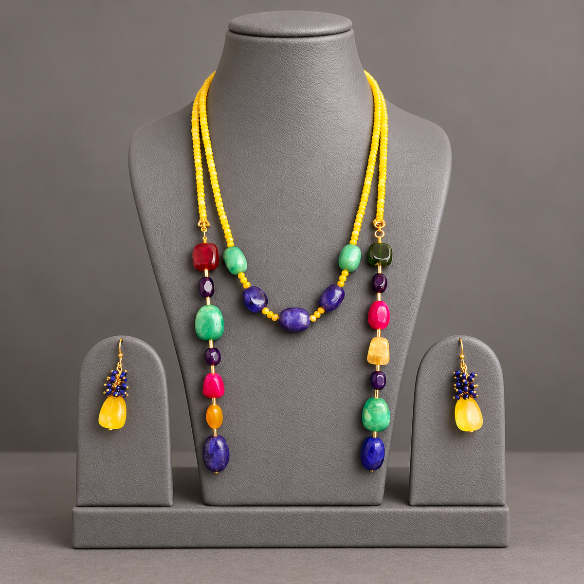 Multicolor Semi-Precious Stone Lariat Necklace Set