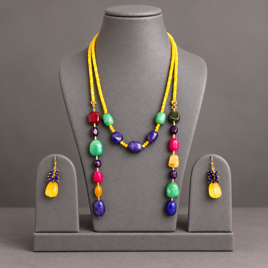Multicolor Semi-Precious Stone Lariat Necklace Set