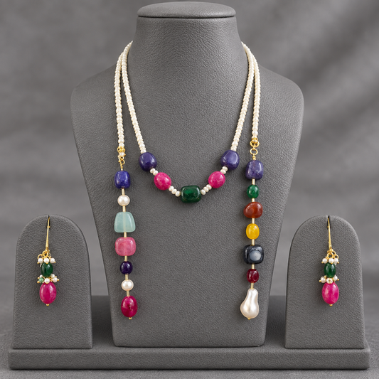 Multicolor Gemstone single layer  Beaded Boho Lariat Necklace