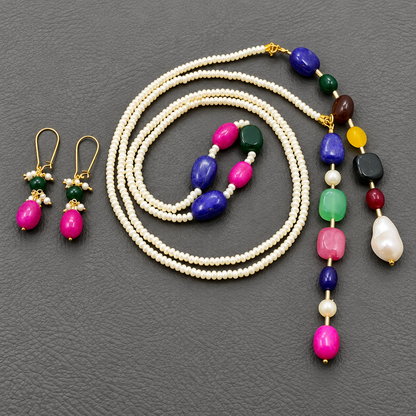 Multicolor Gemstone single layer  Beaded Boho Lariat Necklace