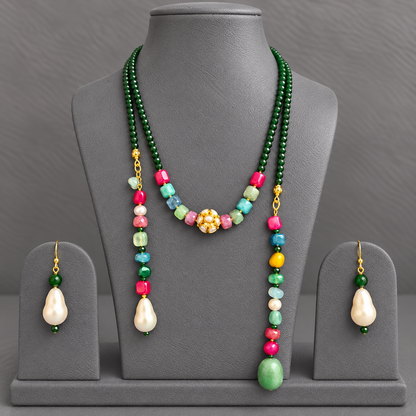 Green Beaded Lariat Necklace Set with Multicolor Gemstones & Pearls