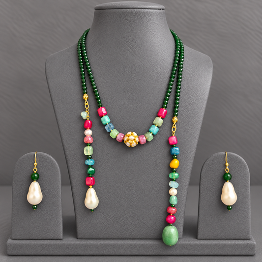 Green Beaded Lariat Necklace Set with Multicolor Gemstones & Pearls