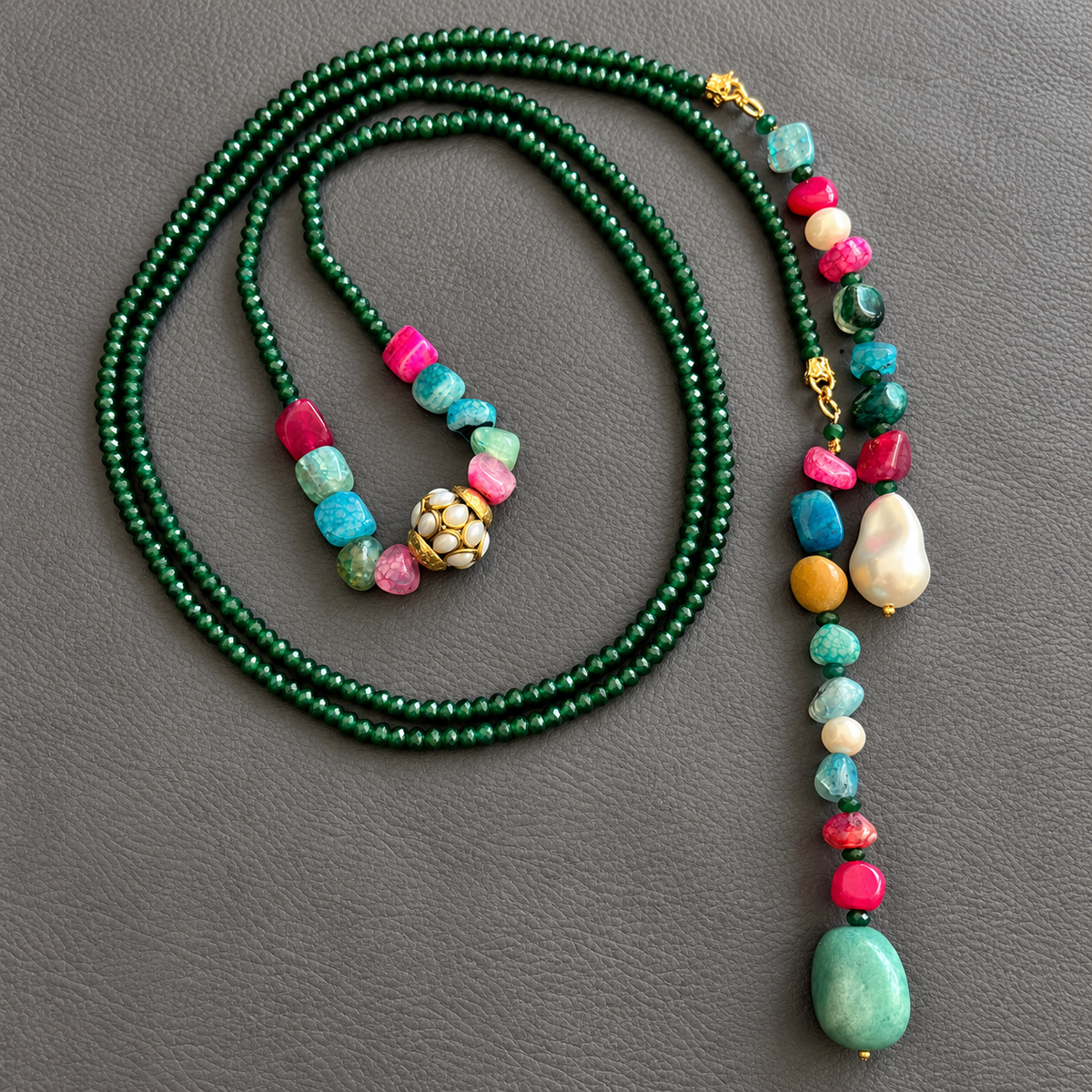 Green Beaded Lariat Necklace Set with Multicolor Gemstones & Pearls