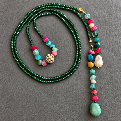 Green Beaded Lariat Necklace Set with Multicolor Gemstones & Pearls