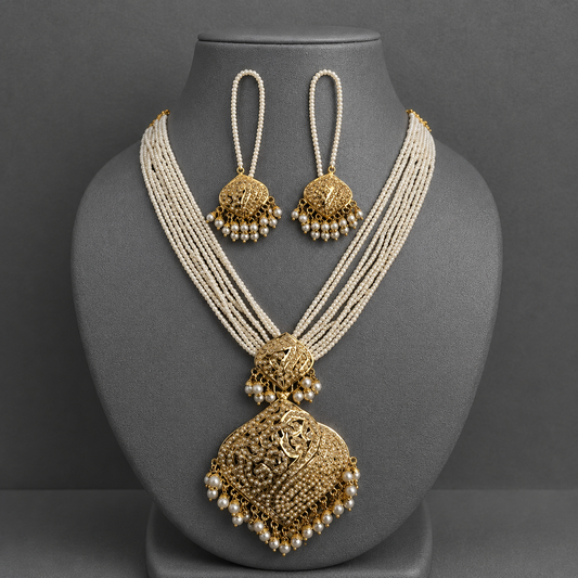 Royal Multi-Layer Pearl Jadau Necklace Set with Ear Chains