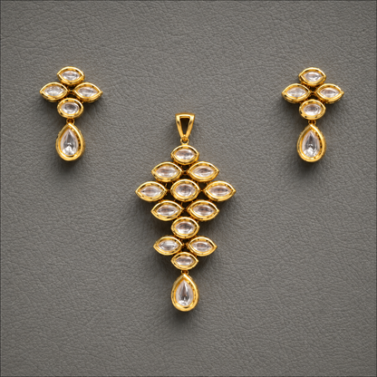 Gold Polished Handcrafted Kundan Pendant And Earrings Set Without Chain